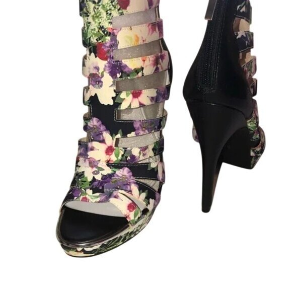 Bar III Womens Floral Gladiator High Heel Sandals With Back Zipper Size 10 Black - Picture 2 of 8